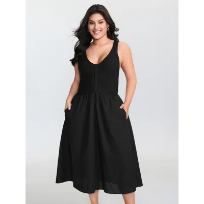 Bloomchic Women's Plus Size Textured Stretchy Button Detail Midi Dress Black Synthetic Texture Midi Casual Tex