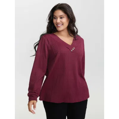 Bloomchic Women's Plus Size Textured Stretchy Buttons T-shirt Burgundy Synthetic Texture Casual Long Sleeve 18