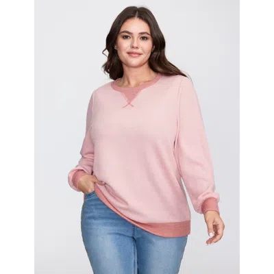 Bloomchic Women's Plus Size Textured Stretchy Color Contrast Sweatshirt Mistyrose Not Graphics Casual Round Ne