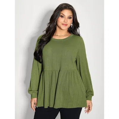 Bloomchic Women's Plus Size Textured Stretchy Flared Knit Top Armygreen Extra Long Sleeve Party 14-16/1x