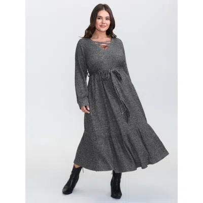 Bloomchic Women's Plus Size Textured Stretchy Neck Tie-up Midi Dress Black Non Midi Casual Tie Knot 22-24/3x