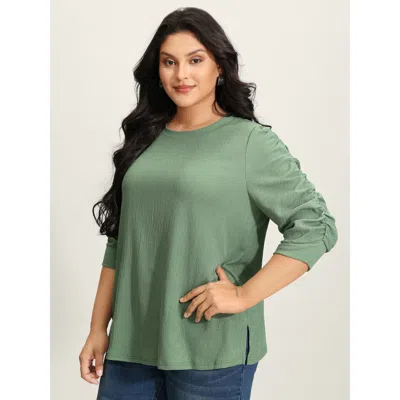 Bloomchic Women's Plus Size Textured Stretchy Three-quarter Sleeve T-shirt Emerald Non Office 3/4 Sleeve 10/m In Green
