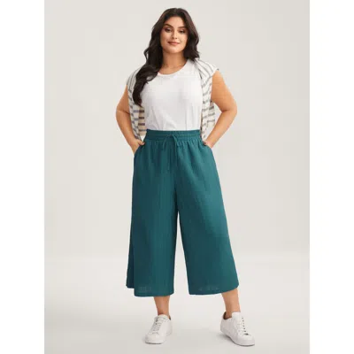 Bloomchic Women's Plus Size Textured Stretchy Waist Airy Pants Aegean Non Straight Fit Mid Rise Casual 10/m In Blue