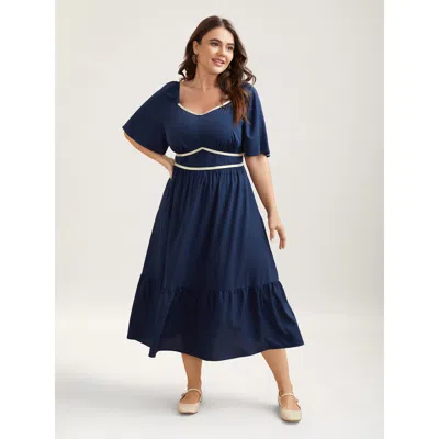 Bloomchic Women's Plus Size Textured Stretchy Waist Milkmaid Style Midi Dress Indigo Non Midi Elegant Colorblo In Purple