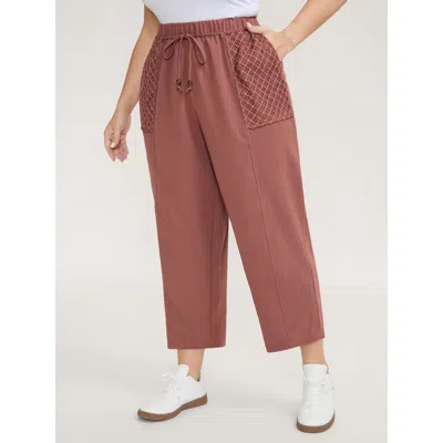 Bloomchic Women's Plus Size Textured Stretchy Waist Straight-leg Pants Russet Non Straight Fit Mid Rise Casual In Brown