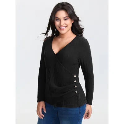 Bloomchic Women's Plus Size Textured Stretchy-fit Buttons T-shirt Black Solid Casual Long Sleeve V-neck 30/6x