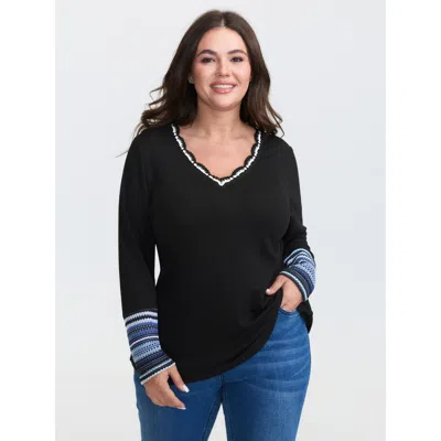 Bloomchic Women's Plus Size Textured Stripe Contrast Stretchy T-shirt Black Stripes Casual Long Sleeve V-neck 