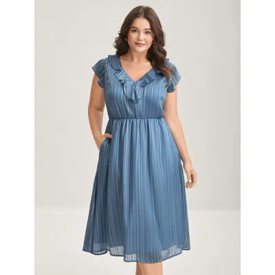 Bloomchic Women's Plus Size Textured Stripe Ruffled Neck Midi Dress Stone Synthetic Texture Midi Elegant 30/6x In Gray