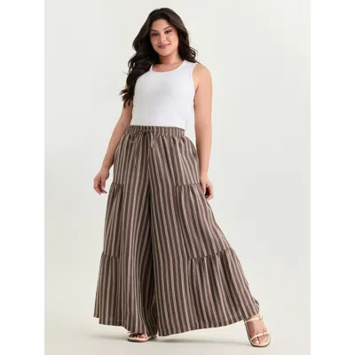 Bloomchic Women's Plus Size Textured Striped Print Tiered Wide-leg Pants Browncoffeecolor Stripes Wide Leg Mid