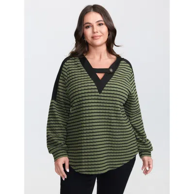 Bloomchic Women's Plus Size Textured Striped Stretchy Color Contrast T-shirt Armygreen Synthetic Texture Casua