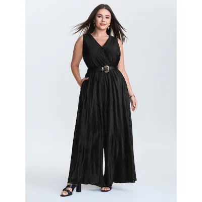Bloomchic Women's Plus Size Textured Surplice Neck Wide Leg Jumpsuit Pureblack Office 28/5x