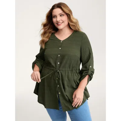 Bloomchic Women's Plus Size Textured Tab Sleeve Waist Drawstring Blouse Armygreen Synthetic Texture Casual Lon