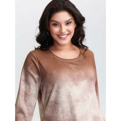 Bloomchic Women's Plus Size Textured Tie-dye Star Detail T-shirt Browncoffeecolor Tie-dye Casual Extra Long Sl