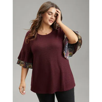 Bloomchic Women's Plus Size Textured Tiered Ruffle Sleeve Patchwork Boho Print T-shirt Burgundy Long Sleeve Ca