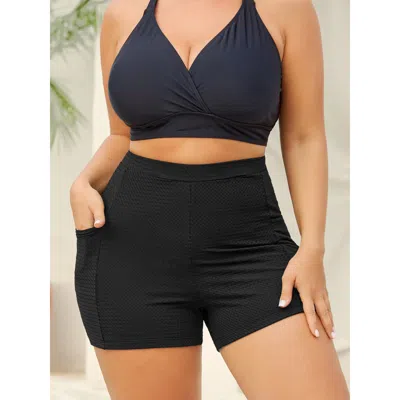 Bloomchic Women's Plus Size Textured Tight-fit Pockets Swim Shorts Black Solid Booty Cable Knit Elastic Waist 