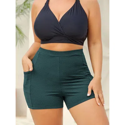 Bloomchic Women's Plus Size Textured Tight-fit Pockets Swim Shorts Cyan Solid Booty Cable Knit Elastic Waist 3 In Blue