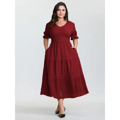 Bloomchic Women's Plus Size Textured Triangular Cinched-waist Tiered Maxi Dress Burgundy Solid Tunic Elegant B