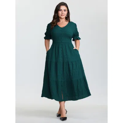 Bloomchic Women's Plus Size Textured Triangular Cinched-waist Tiered Maxi Dress Darkgreen Solid Tunic Elegant  In Green