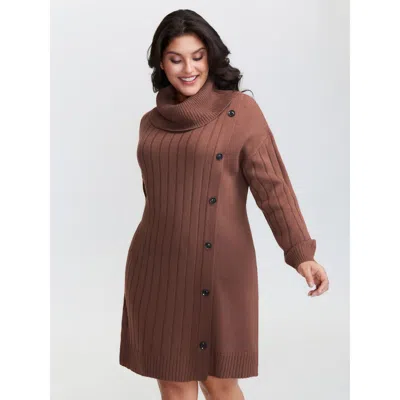 Bloomchic Women's Plus Size Textured Turtleneck Button Wrap Sweater Dress Yellowishbrown Non Short Texture 22-