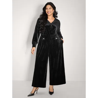 Bloomchic Women's Plus Size Textured Velvet Sheer Back Pockets Jumpsuit Black Party 10/m