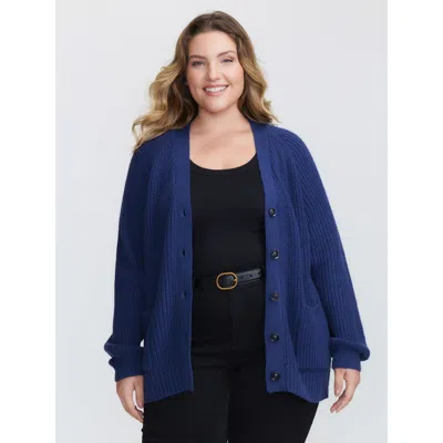 Bloomchic Women's Plus Size Textured V-neck Button Knit Cardigan Darkblue Long Sleeve 10/m In Blue