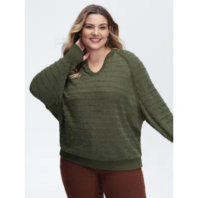 Bloomchic Women's Plus Size Textured V-neck Dolman Sleeve Sweatshirt Armygreen Casual 12/l