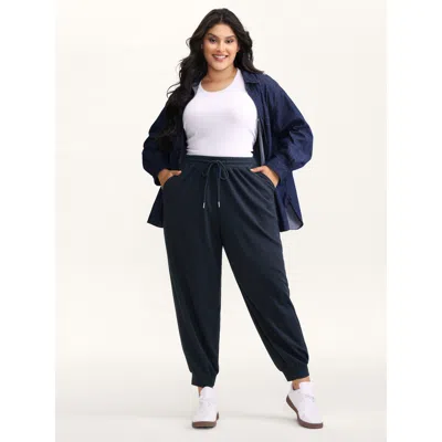 Bloomchic Women's Plus Size Textured Waist Drawstring Jogger Pants Midnight Solid Jogger High Rise Casual 10/m In Blue