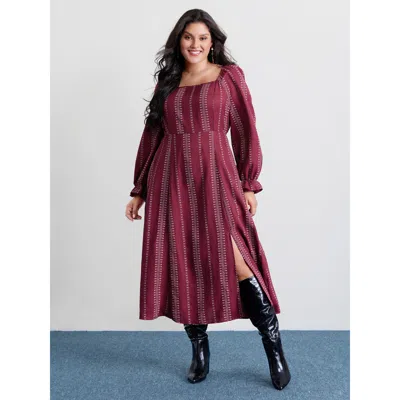 Bloomchic Women's Plus Size Textured Waist-defining Square Neck Maxi Dress Burgundy Synthetic Texture Maxi Ele