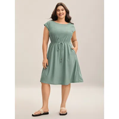 Bloomchic Women's Plus Size Textured Waist-tie Knit Mini Dress Sage Casual Midi Lace-up Boat Neck 30/6x In Green