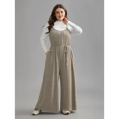 Bloomchic Women's Plus Size Textured Waist-tie Pockets Jumpsuit Champagne Everyday 10/m In Gold