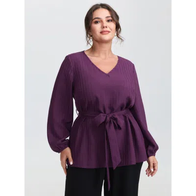 Bloomchic Women's Plus Size Textured Waist-tie V-neck Blouse Deeppurplered Synthetic Texture Elegant Extra Lon