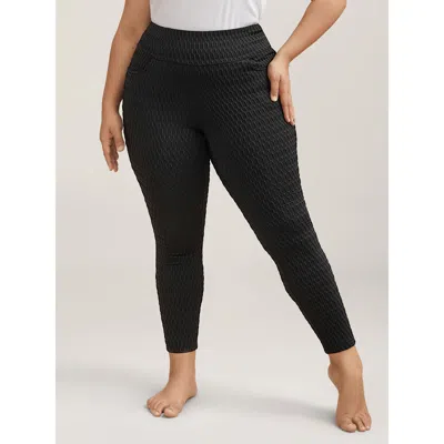 Bloomchic Women's Plus Size Textured Wide Waist Super Stretch Leggings Black High Stretch Skinny Fit Mid Rise 