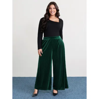 Bloomchic Women's Plus Size Textured Wide-leg Flowy Pants Darkgreen Solid Wide Leg Mid Rise Elegant 10/m In Green