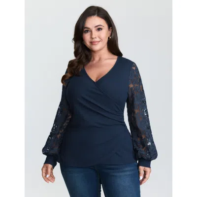 Bloomchic Women's Plus Size Textured Wrap Neck Draped T-shirt Indigo Solid Elegant Long Sleeve Deep V-neck 12/ In Purple