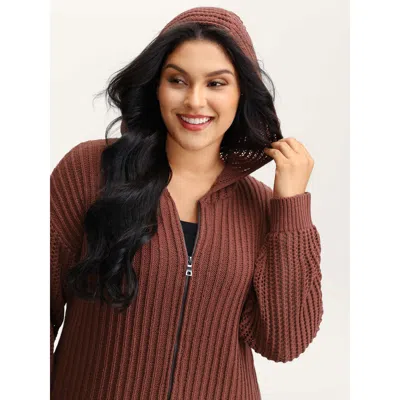 Bloomchic Women's Plus Size Textured Zipper Front Hooded Knit Cardigan Rust Long Sleeve 22-24/3x In Brown