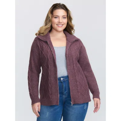 Bloomchic Women's Plus Size Textured Zipper Solid Knit Cardigan Deepred Long Sleeve 12/l In Red