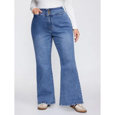 Bloomchic Women's Plus Size Thigh Friendly Stretchy Waist Flare Jeans Midblue Not Graphics Non Flared High Str