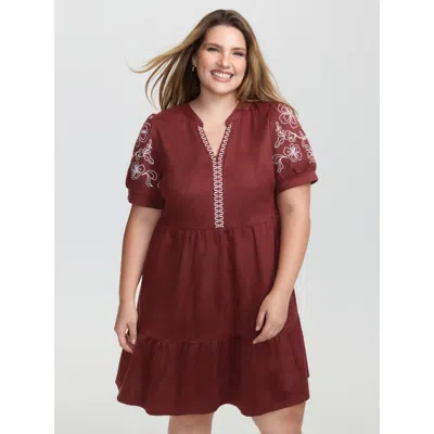 Bloomchic Women's Plus Size Thread Embroidery Tiered Pockets Mini Dress Maroon Non Short Vacation Gathered 10/ In Burgundy
