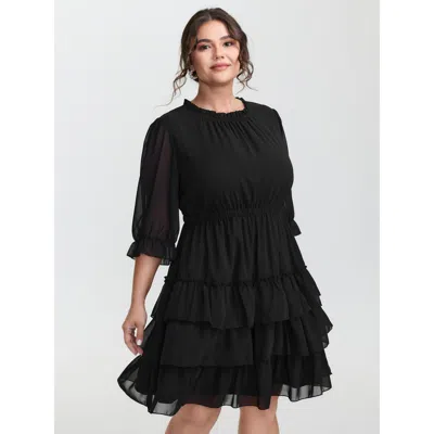 Bloomchic Women's Plus Size Three-quarter Sleeve Tulle Skirt Knee-length Dress Black Solid Mini Elegant Ruched