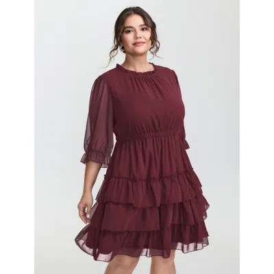 Bloomchic Women's Plus Size Three-quarter Sleeve Tulle Skirt Knee-length Dress Burgundy Solid Mini Elegant Ruc