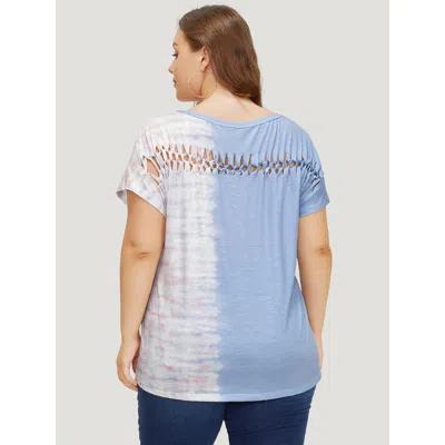 Bloomchic Women's Plus Size Tie Dye Batwing Sleeve Cut Out Two Tone T-shirt Multicolor Dailywear Short Sleeve 
