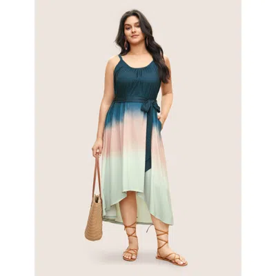 Bloomchic Women's Plus Size Tie Dye Belted Gathered Asymmetrical Hem Dress Indigo Ombre Midi Vacation Non 26/4 In Purple