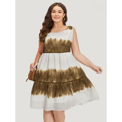 Bloomchic Women's Plus Size Tie Dye Crochet Lace Ruffle Layered Hem Tank Dress Tan Dailywear Patchwork 10/m In Brown