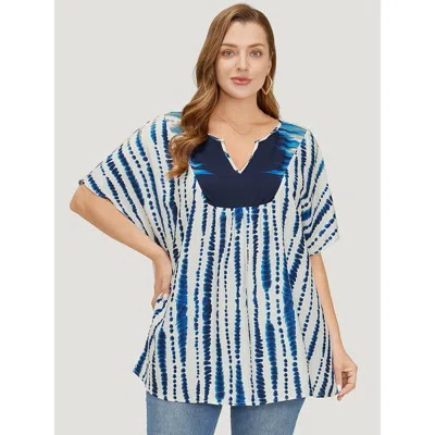 Bloomchic Women's Plus Size Tie Dye Patchwork Batwing Sleeve Notched Neck Blouse Multicolor Dailywear Short Sl