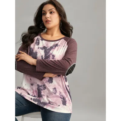 Bloomchic Women's Plus Size Tie Dye Patchwork Contrast Raglan Sleeve T-shirt Multicolor Dailywear Long Sleeve 