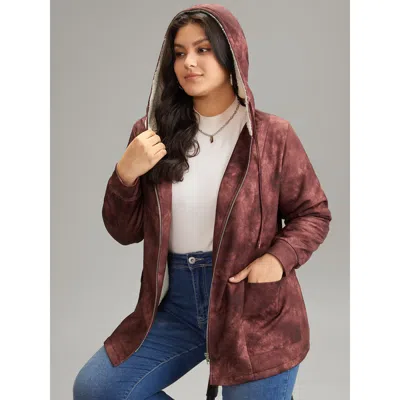 Bloomchic Women's Plus Size Tie Dye Patchwork Fluffy Zipper Hooded Jacket Scarlet Lined 10/m In Red