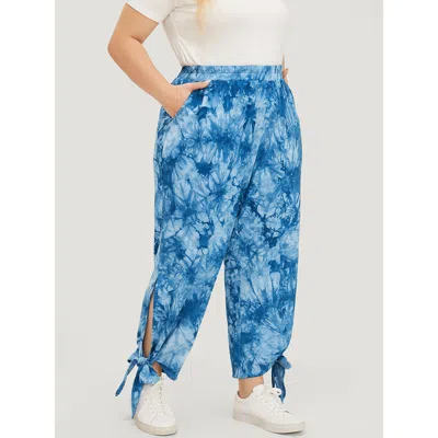 Bloomchic Women's Plus Size Tie Dye Pocket Cut Out Knotted Hem Pants Blue Mid Rise Dailywear 12/l