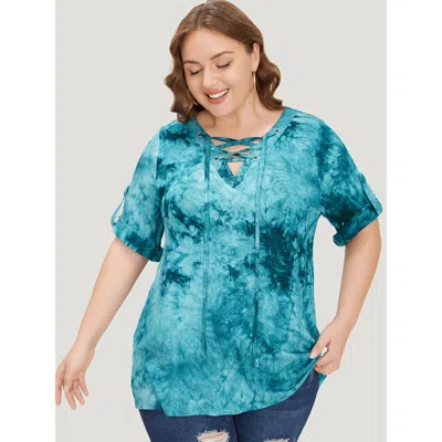 Bloomchic Women's Plus Size Tie Dye Roll Sleeve Lace Up T-shirt Cerulean Dailywear 3/4 Sleeve 10/m In Blue