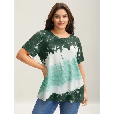 Bloomchic Women's Plus Size Tie Dye Round Neck T-shirt Darkgreen Tie-dye Casual Short Sleeve Round Neck 10/m In Green