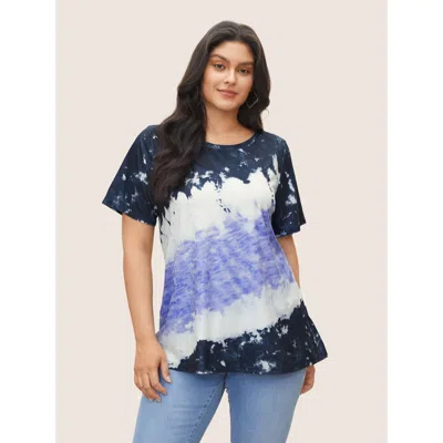 Bloomchic Women's Plus Size Tie Dye Round Neck T-shirt Midnight Tie-dye Casual Short Sleeve Round Neck 12/l In Blue